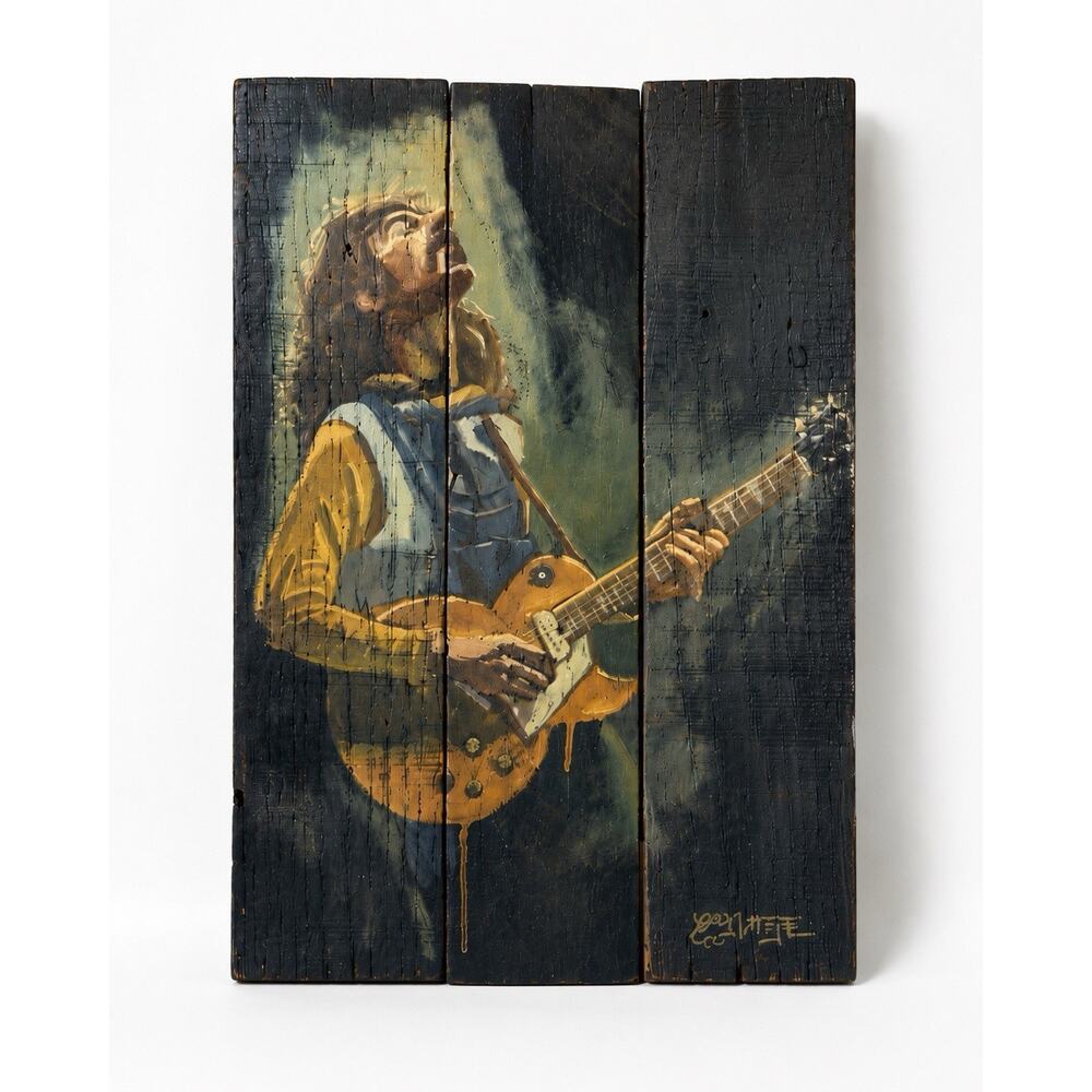 Hand Painted Guitarist Wall Art on Wood Planks 10x14” Signed Rustic Music Decor